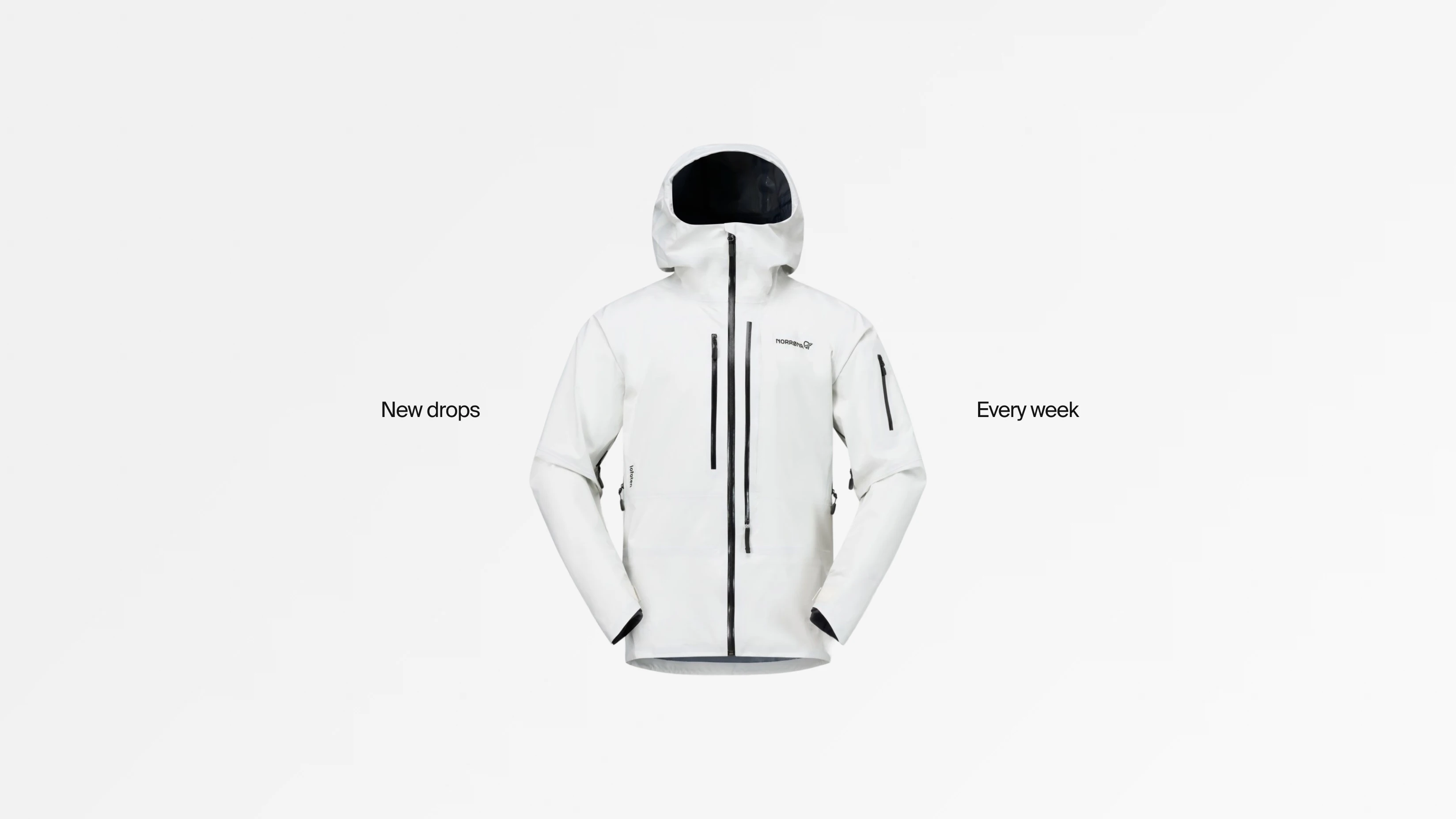 White shell jacket between the words New drops and Every week