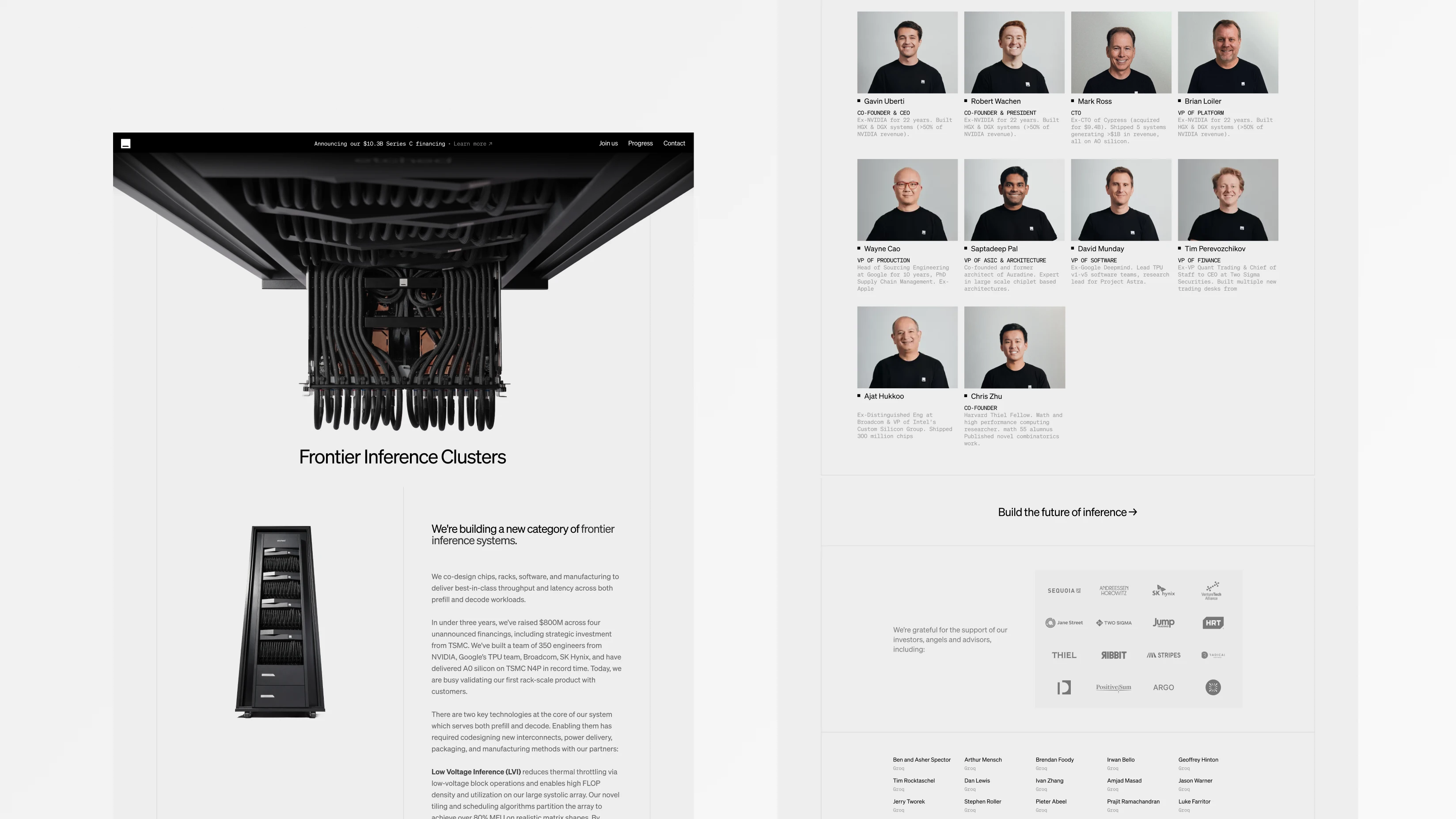 Two Etched site page views, Frontier Inference Clusters beside the leadership and investor sections