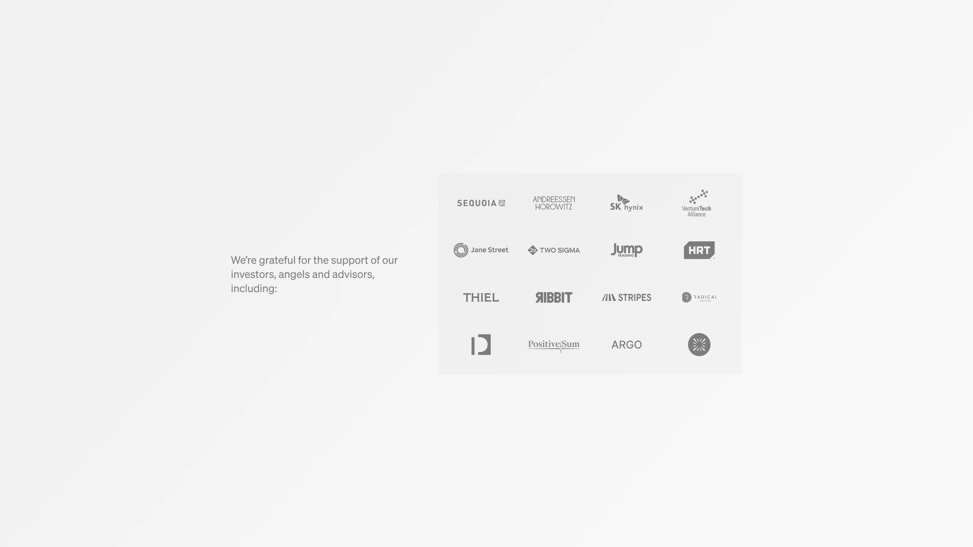Investor and advisor logo grid beside the acknowledgment copy