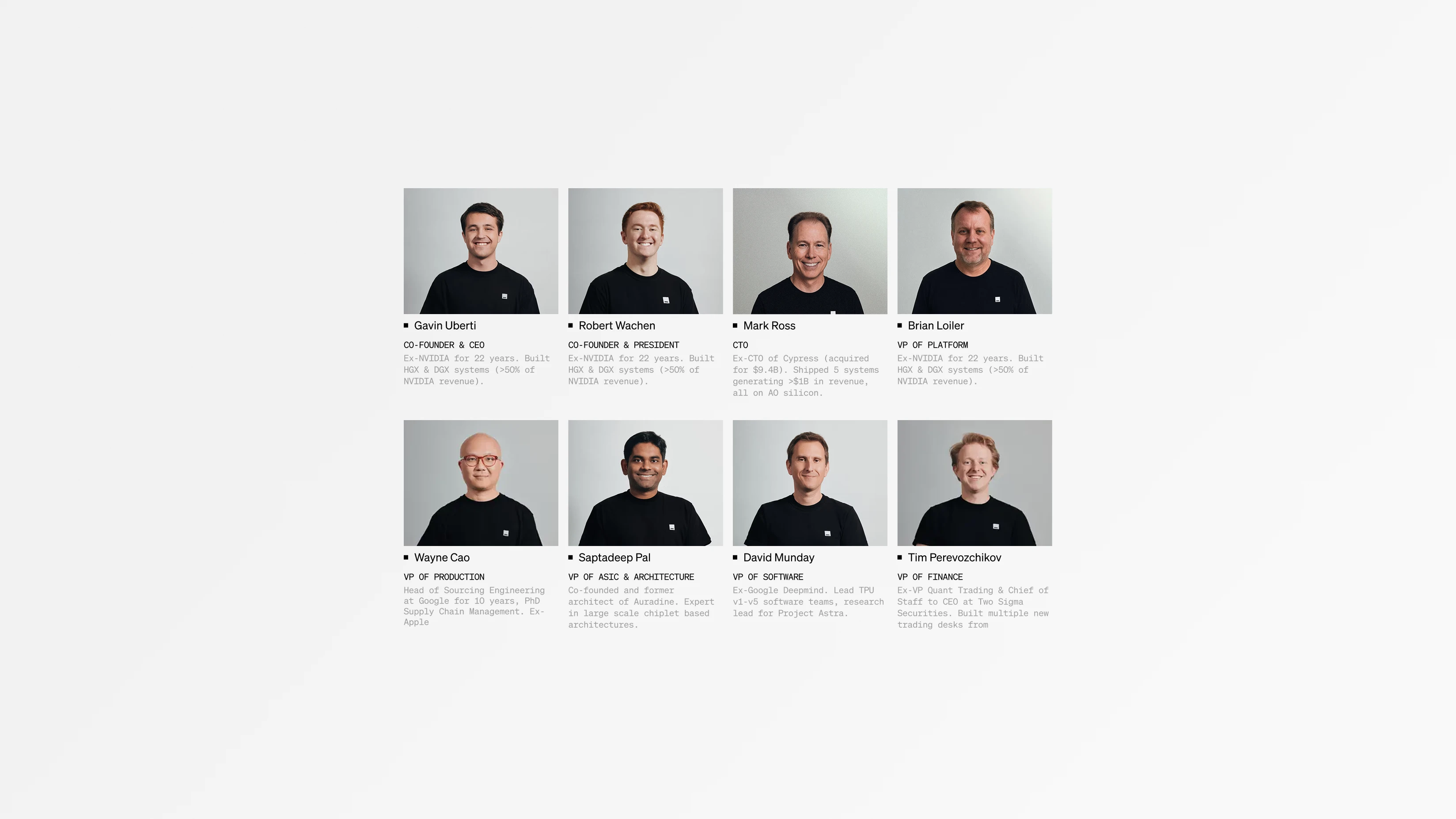 Etched leadership grid, eight portraits with roles and prior-company credentials