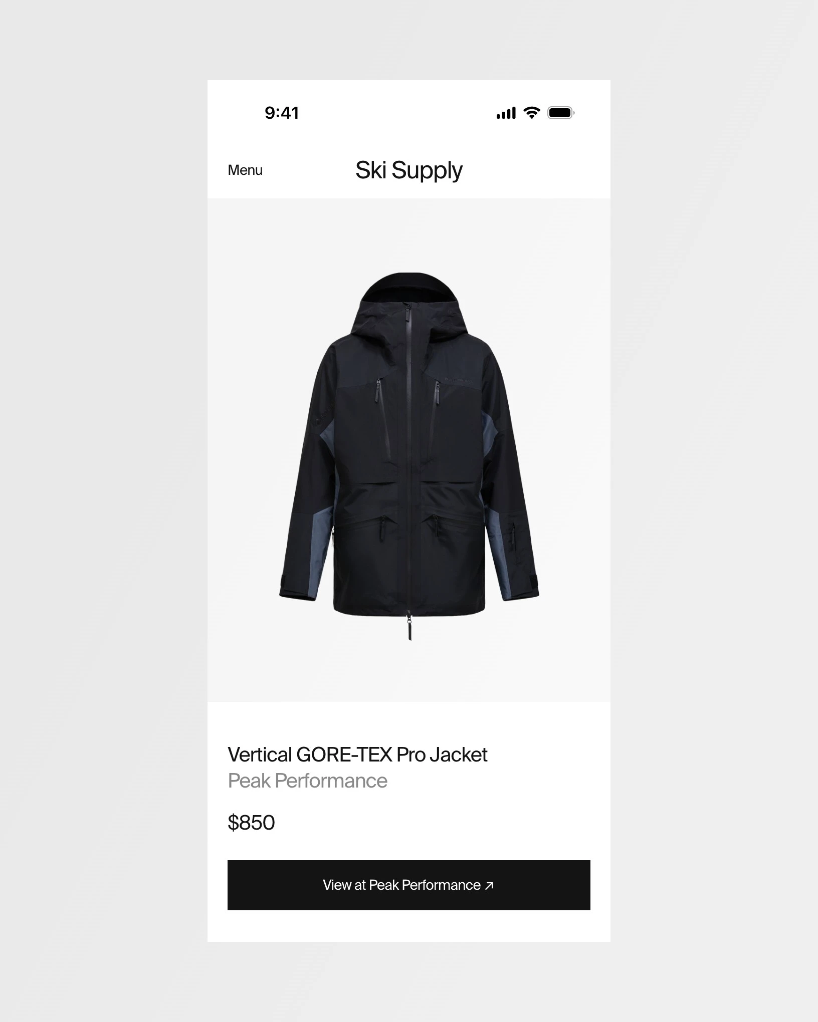 The Peak Performance Vertical GORE-TEX Pro Jacket product page on a phone