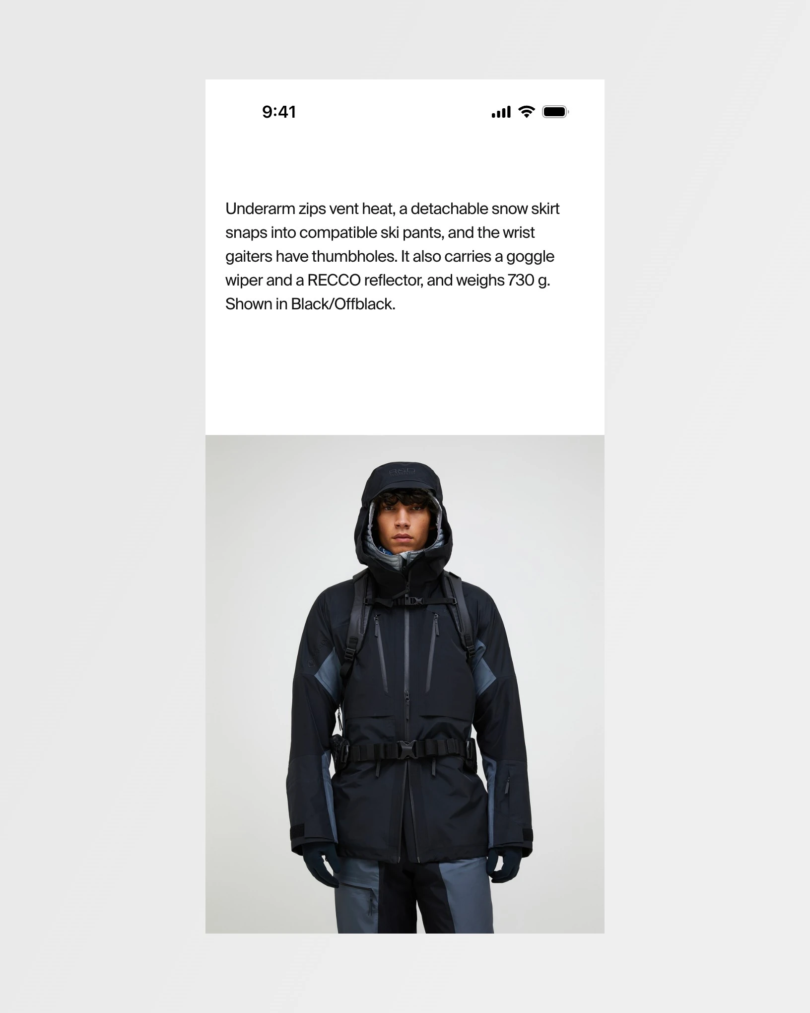 The Vertical GORE-TEX Pro Jacket product page on a phone, scrolled to a photo