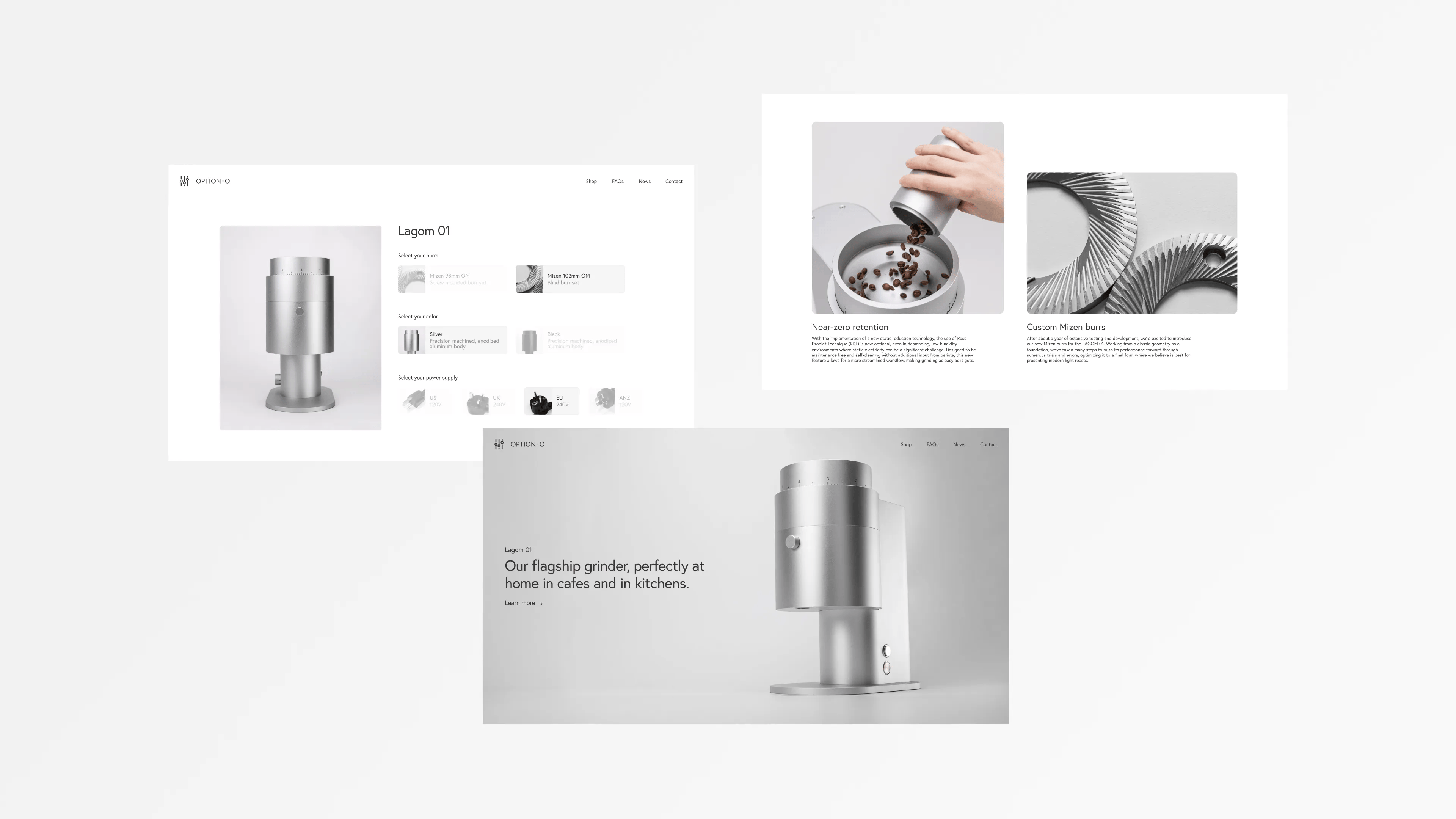 Three screenshots of a website design for Option-O, a premium coffee grinder manufacturer.