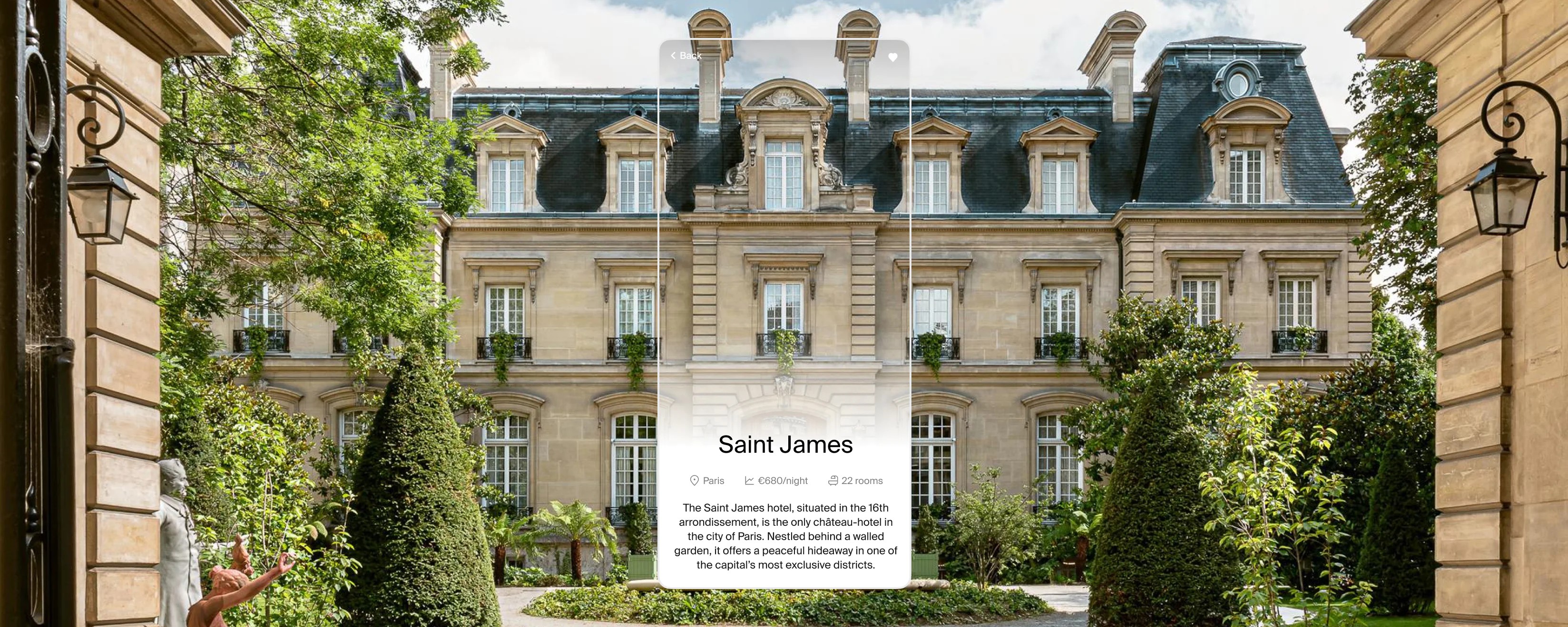 An image of the Saint James hotel in Paris, with an app screen overlayed.