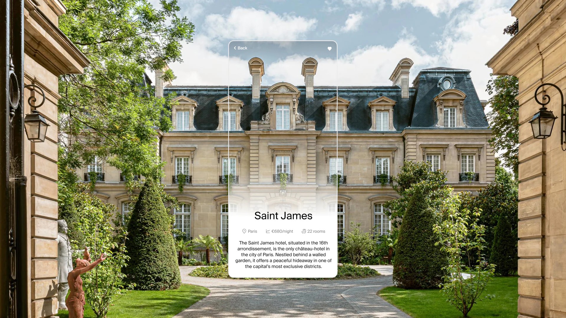 An image of the Saint James hotel in Paris, with an app screen overlayed.