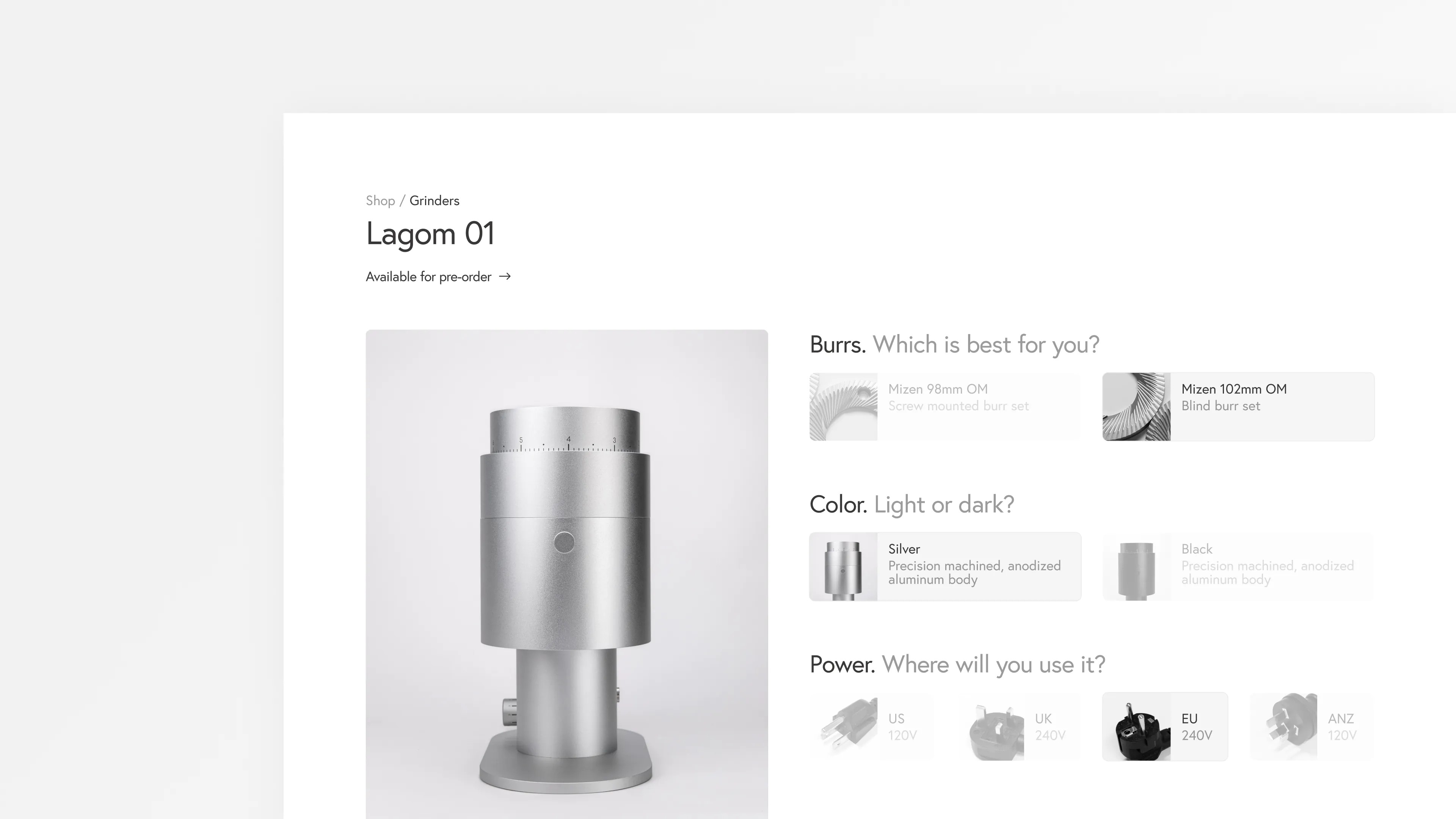 A desktop screenshot of an website design where you build your own coffee grinder